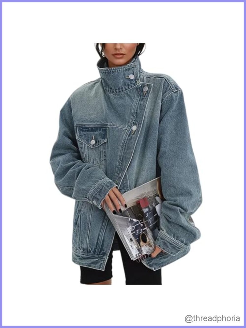 Oversized Denim Jacket Women Trendy Long Sleeve Jean Jacket with Pockets